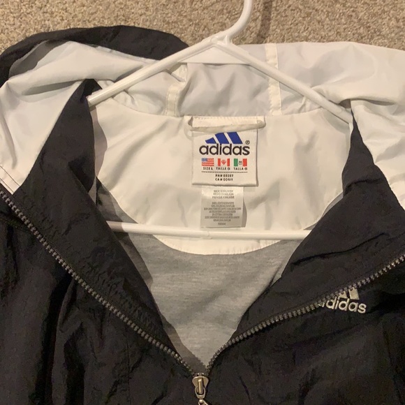 Vintage Adidas Black White Windbreaker Pullover Jacket w/ Hood Soccer Size Large - Picture 3 of 5